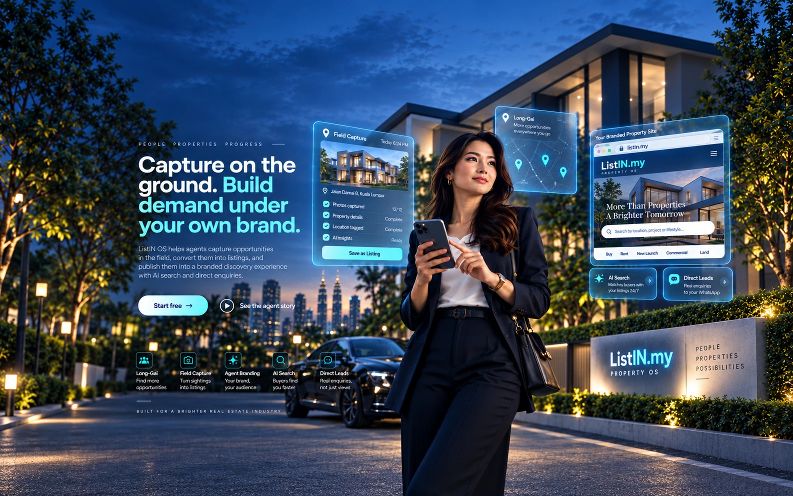 Capture on the ground. Build demand under your own brand. ListIN OS Capture & brand artwork: a property agent with ListIN OS panels.
