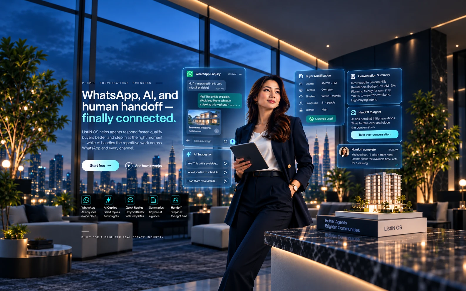 WhatsApp, AI, and human handoff — finally connected. ListIN OS Conversations & AI artwork: a property agent with ListIN OS panels.