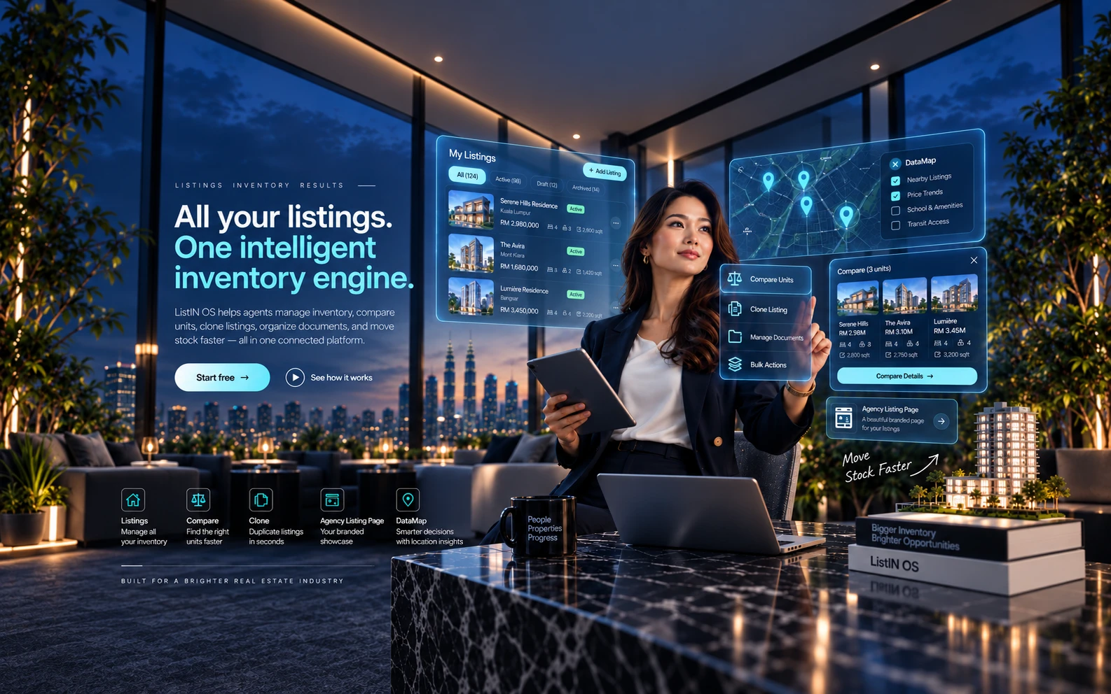 All your listings. One intelligent inventory engine. ListIN OS Intelligent inventory artwork: a property agent with ListIN OS panels.